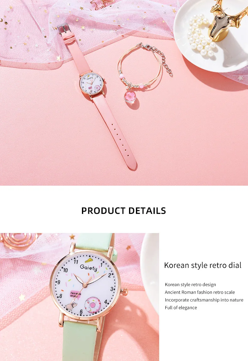 Gaiety Brand 2pcs Set Bracelet Watch For Women Unique Cartoon Pattern Pink Girls Watch Fashion Leather Ladies Clock Reloj Mujer