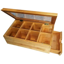 TOP!-Tea Box Natural Chest with Clear Hinged Lid, 8 Storage Sections with Expandable Drawer