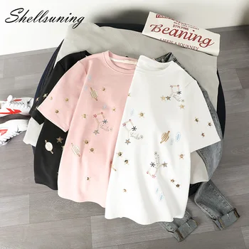 

Shellsuning Embroidery Starry Sky 100% Cotton T-shirt Women Summer Short-sleeved Casual Shirts Tops Kawaii Oversized Soft Tees