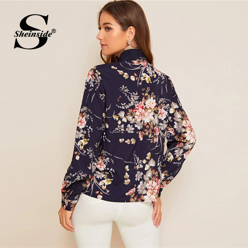 Najtaniej Sheinside na co dzień łuk krawat szyi bluzka kobiety 2019 jesień elegancki kwiatowy Print bluzki biurowe panie granatowy top szyfonowy