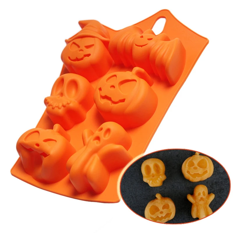 1pcs 6 Grids Pumpkin Bat Skull Ghost Shape Halloween Silicone Mold Candy Chocolate Pudding Mold for Halloween Party Decoration