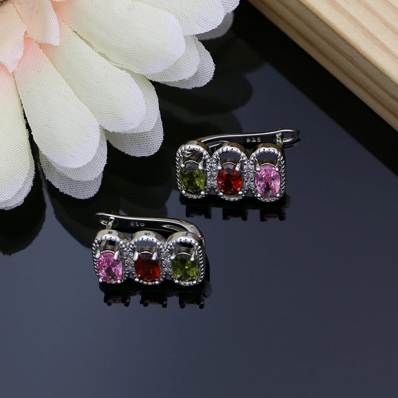 Серебро 925 подарок комплекты украшений для женщин разноцветный кубический цирконий серьги-кольца для вечеринки кольцо браслет ожерелье набор для Bridel