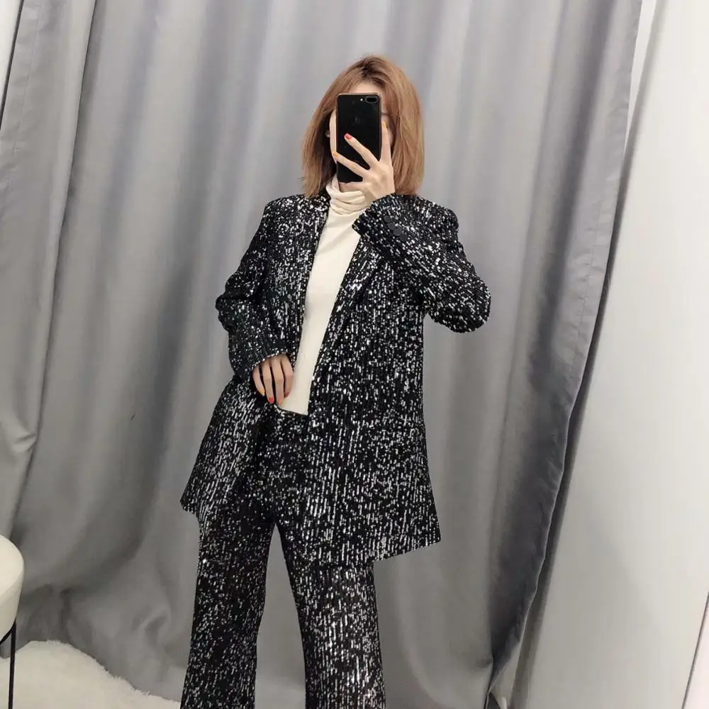 Cakucool – costume pour femmes, ensemble Blazer et pantalon, noir brillant,  paillettes argentées, Chic, cérémonie de fête, ensemble deux pièces |  AliExpress