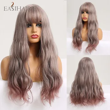 

EASIHAIR Ombre Gray Purple Wigs Natural Long Wave Wig with Bangs Synthetic Wigs for Afican American Women High Temperature Fiber