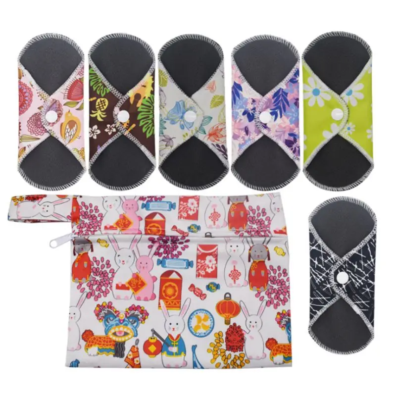 

6Pcs Reusable Washable Bamboo Charcoal Menstrual Cloth Sanitary Pad with Wet Bag