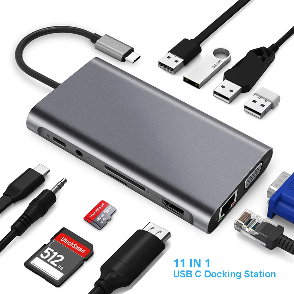 Док-станция USB Type C для ноутбука MacBook Pro Air Hp Dell 11 в 1 адаптер Hub 4K HDMI VGA SD TF RJ45 PD быстрая