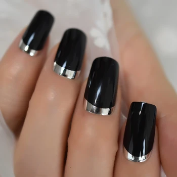 

Glossy Square Fake Nails Black Gel Medium Long Size Faux Ongles French Moo Nail Silver Metallic ABS Fingernails 24 count