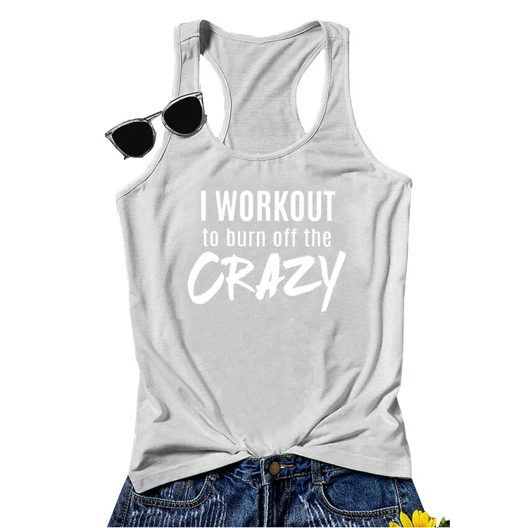 Повседневные женские тонкие футболки, женский жилет, I WORKOUT CRAZY letter printed, новые женские модные сексуальные топы без рукавов с принтом - Цвет: light grey