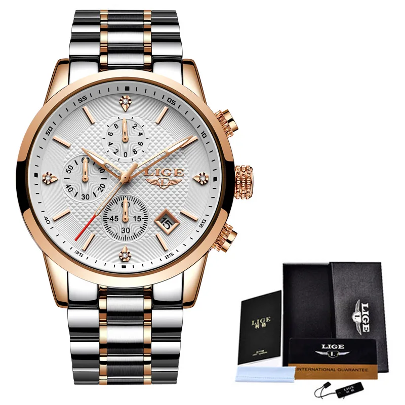 S Rose gold White LIGE мужские часы Топ люксовый бренд спортивные кварцевые часы мужские водонепроницаемые наручные часы с хронографом мужские часы из нержавеющей стали часы с датой - Цвет: S Rose gold White