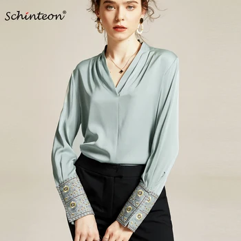 

2020 Schinteon Spring Women Real Silk Blouse V-Neck Collar Long Sleeve Embroidery Blouses Office Lady Vintage Shirt Loose Top
