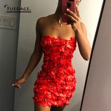 Fuedage красное сексуальное платье на День святого Валентина, женское платье без рукавов, без бретелек, с цветочным рисунком, с открытой спиной, облегающее платье, мини элегантные Клубные вечерние платья
