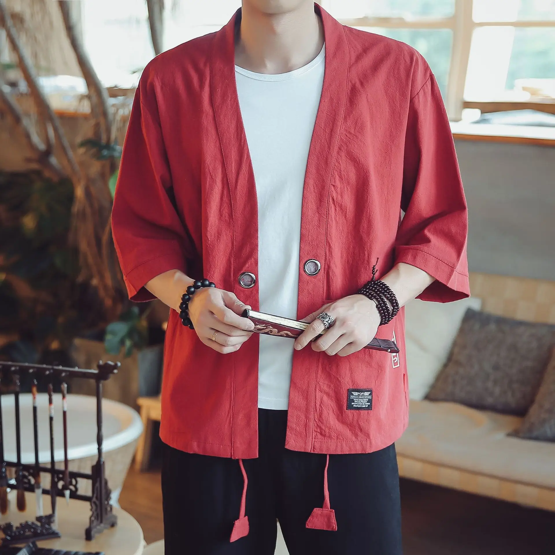 Летнее винтажное хлопковое льняное кимоно, куртка для мужчин, плюс размер 5XL, тонкий солнцезащитный кардиган-кимоно, пальто, верхняя одежда с коротким рукавом, SA-8 - Цвет: red