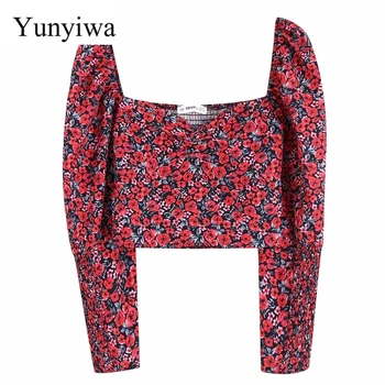 

Women Vintage Square Collar Flower Print Casual Short Shirts Blouses Ladies Elastic Pleats Roupas Femininas Chemise Tops