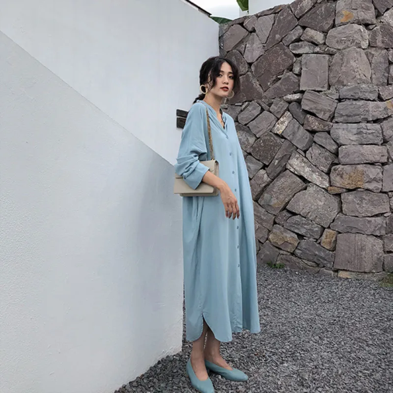 

Women Autumn And Winter Dress 2019 Large Size Blouse Notched Batwing Sleeve Loose Female Mid-Calf Dresses