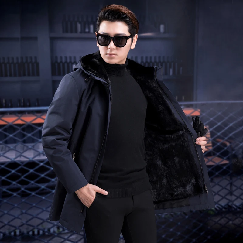 

2019 autumn and winter new fur one men's fur coat to overcome the entire mink fur liner long casual hooded fur coat