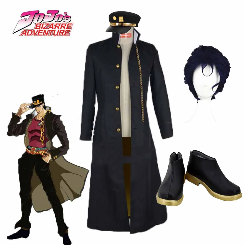 

2020 New JoJo's Bizarre Adventure Jotaro Kujo Cosplay Costume Black Jacket Halloween Party Costume Hat Wig Shoes Customization