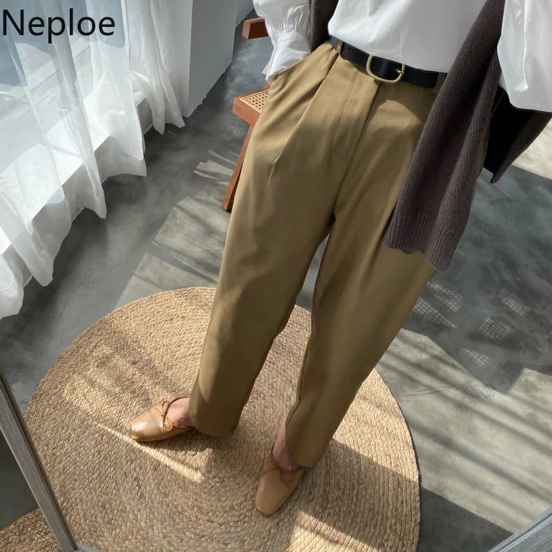 Neploe высокая талия для офиса леди работы стиль Pantalones Mujer одноцветные со складками