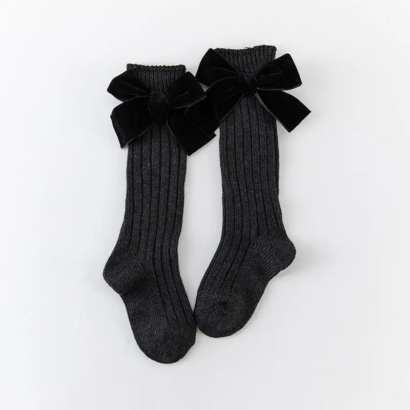 New Winter Children's Socks Thick Knitting Knee Hight Socks For Girls Warm Cotton Sock With Bows Baby Socken Princess Style - Цвет: Black