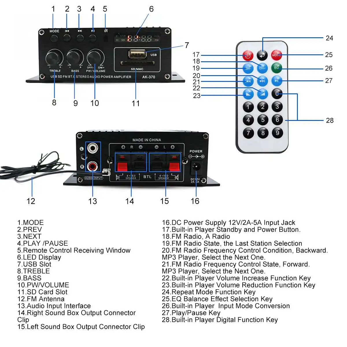 800W AK35 Home Car Amplifiers 2 Channel bluetooth 5.0 Surround Sound FM USB Remote Control Mini HIFI Digital Amplifier Stereo