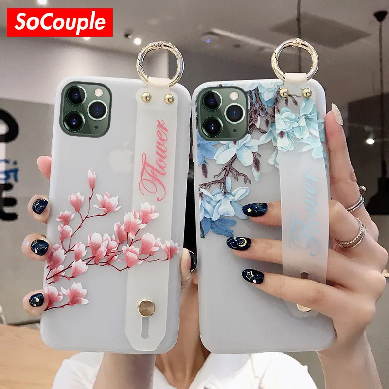 

SoCouple Soft TPU Wrist Strap Case For iphone 7 8 6 6S plus XR X Xs max 11 Pro Max Flower Silicone Hand Band Phone Holder Cases