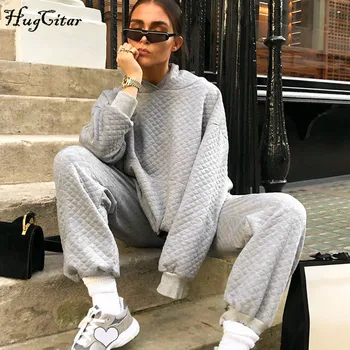 

Hugcitar 2020 Hooded Oversized Sweatshirt Sweatpants 2 Piece Set Autumn Winter Women Fashion Streetwear Outfit Casual Tracksuit