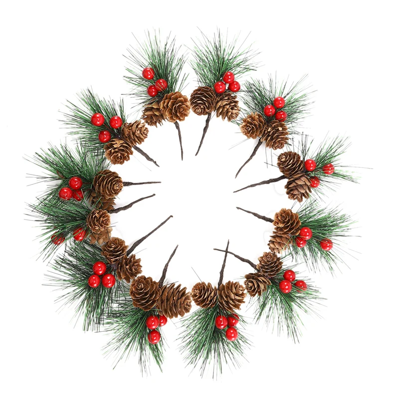 

12 Pcs Artificial Pine Picks Mini Christmas Red Berries Pine Cones Wedding Garden Christmas Tree Filler Decorations