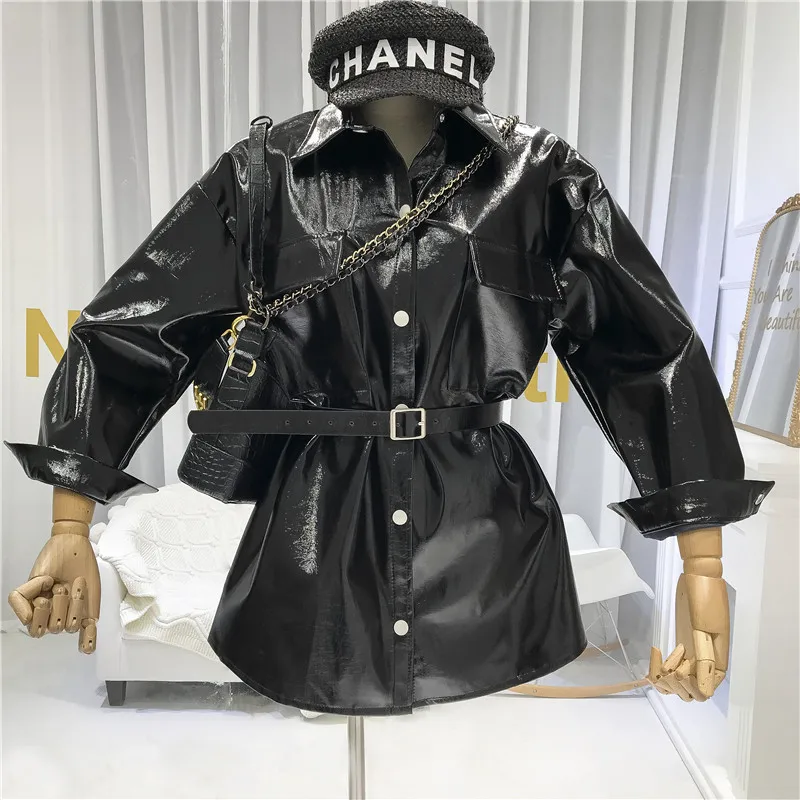 ALPHALMODA осень дизайнерский привлекательный пояс-завязывается яркая одежда из искусственной кожи средней длины пальто Женская мода PU куртка