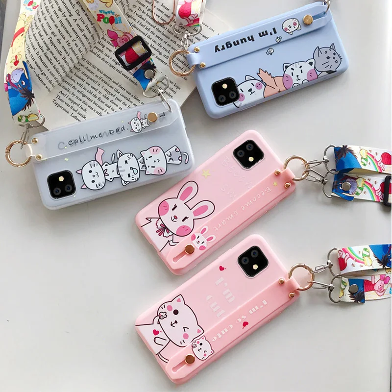 For iphone 11 Cute Avocado Wrist Strap phone Case for iphone 11 pro max Cartoon CAT silicone Rabbit Back cover+ strap