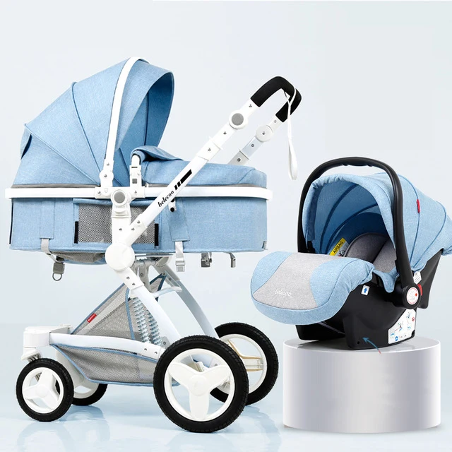 Blue 3 in 1 Роскошная детская коляска 3 в 1 с автокреслом с высоким пейзажем, коляска для новорожденных, дорожная система, детская тележка, ходунки, складная Коляска - Цвет: Blue 3 in 1