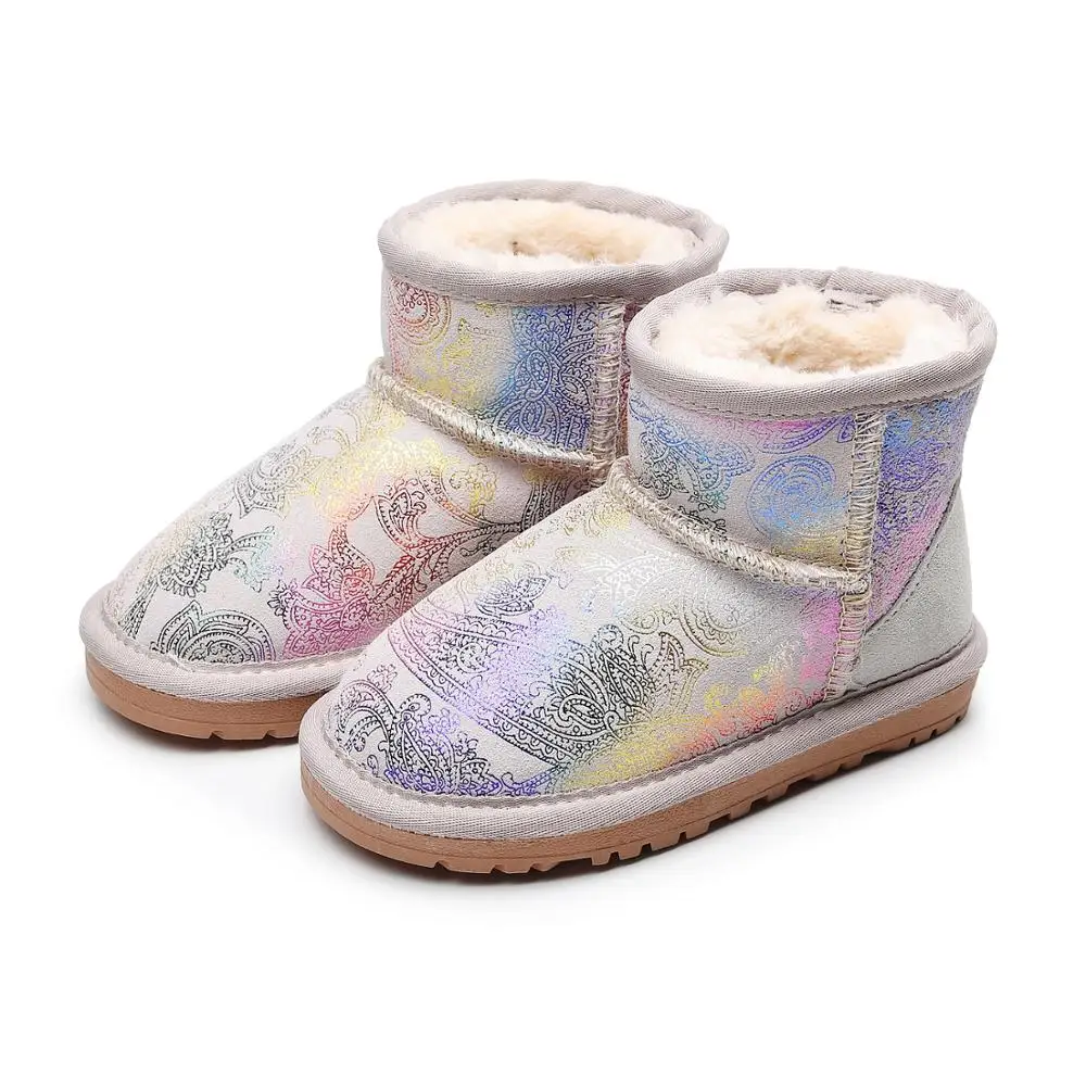 Прямая поставка; ботинки для мальчиков с натуральным мехом; детская зимняя обувь из натуральной овчины; обувь для девочек; сохраняющая тепло; детские зимние ботинки; детская обувь - Цвет: grayish white
