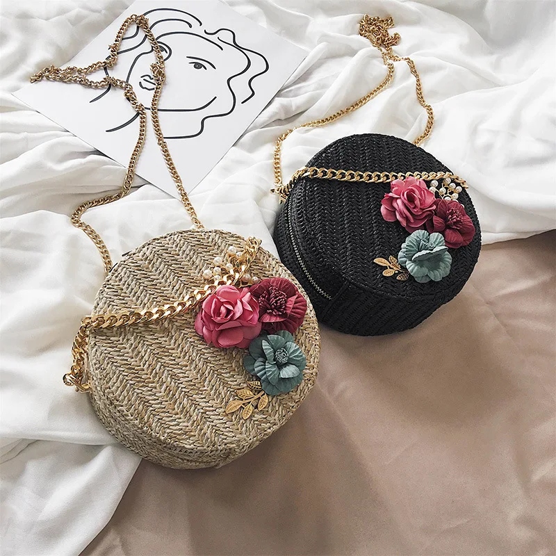 

Straw Beach Bag Womens Summer Rattan Bag Handmade Beach Circle Bohemia Handbag Round Woven Bags Wicker Straw Sac Bali Bag Female