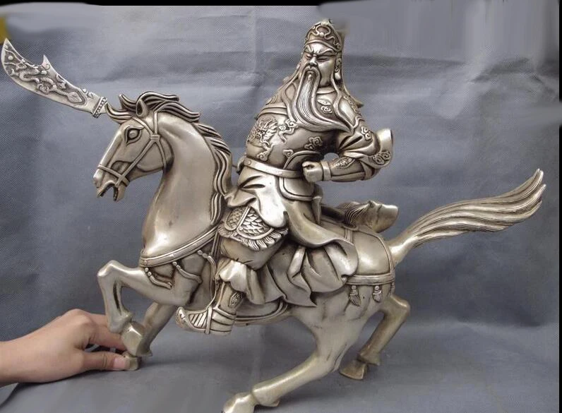 China Folk White Copper Silver Ride Horse Dragon GuanGong Guan Yu Warrior Statue | Дом и сад