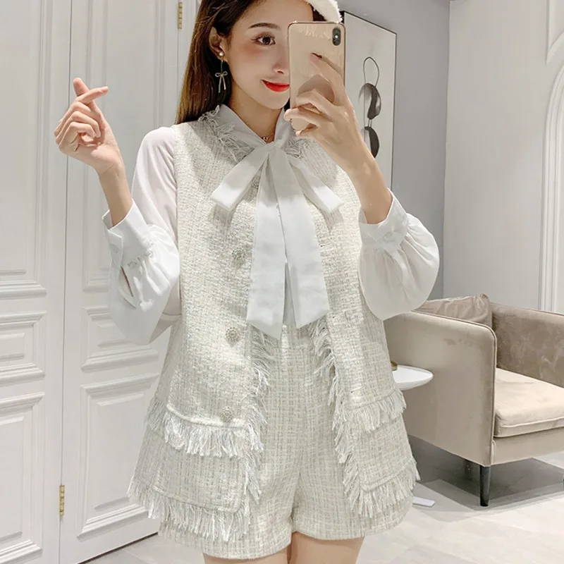 

Elegant Shorts Suits Female Bow Chiffon Shirt + White Tweed Vest Jacket Coat + Shorts Three-Piece Set Women New Autumn Clothing