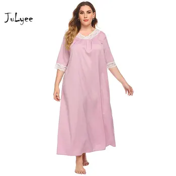 

JULYEE Women Solid Nightdress O-Neck Half Sleeve Patchwork Lace Autumn Oversized Long Sleepwear
