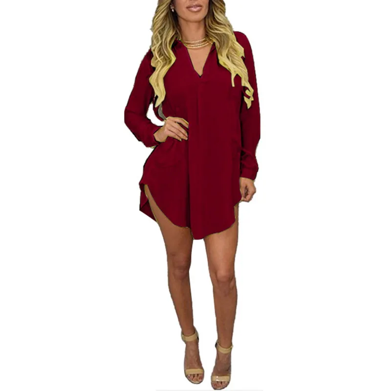 wine red2 Женские свободные однотонные платья с отложным воротником, повседневные женские офисные платья-рубашки на пуговицах, летние весенние платья с длинным рукавом Vestidos - Цвет: wine red2
