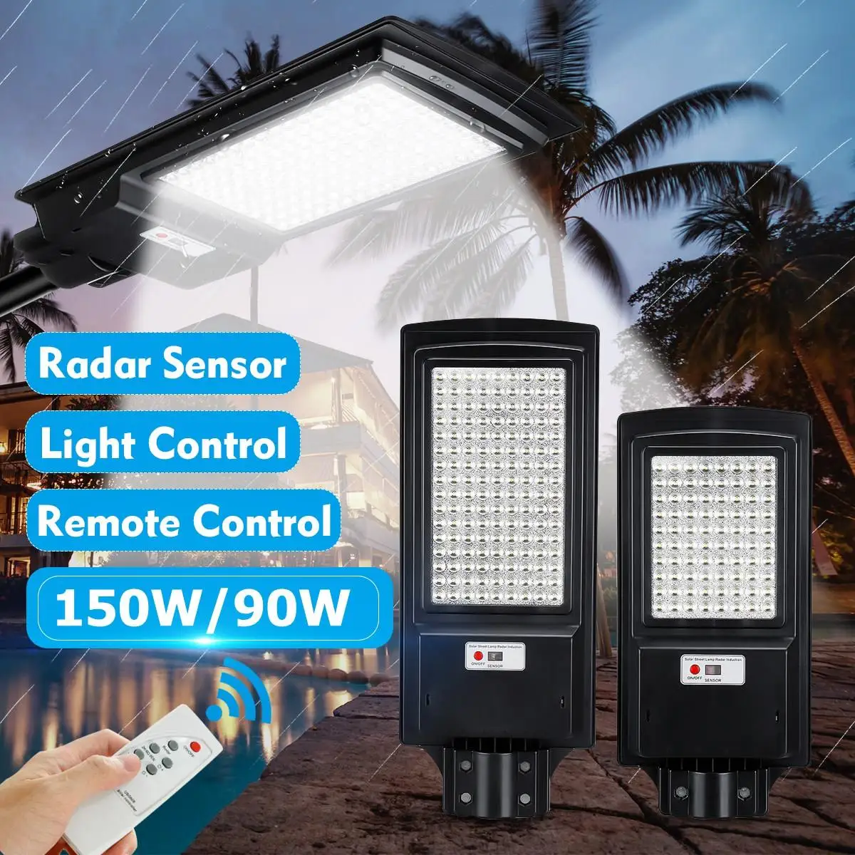 

90W 150W LED Solar Street Light Waterproof IP65 Button Timing Radar Sensor Outdoor Garden Lighting Lamp with/no Remote Control