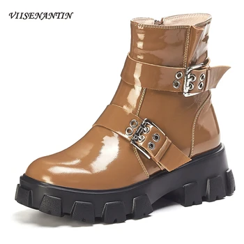 

Chunky Sole Winter Patent Leather Women Flat Platform Belt Buckle Short Boots British Thick High Heel Fashion Black Brown Boots