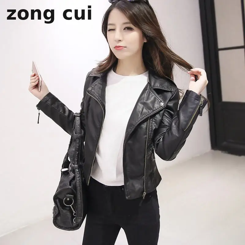 New women's black zipper PU leather jacket Korean slim fit Motorcycle
