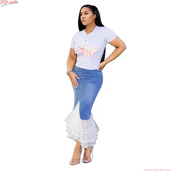 

- 30% Sale Denim Skirts Patchwork Mesh Casual High Waist Women Denim Short Skirt Jeans Midi Skirt Jeans Denim Skirt Elasticity