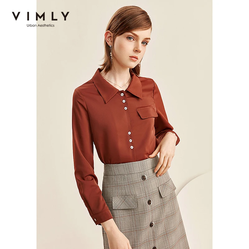 Элегантная женская блузка Vimly Офисная Дамская однотонная однобортная рубашка с