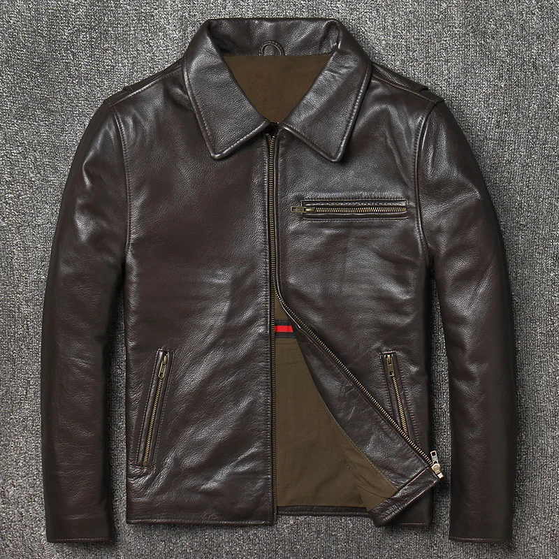 

Cowhide Lear Man Cultivate Short Paragraph bull-puncher Double Color Black Brown Jacket Do Old Tea Core Motorcycle Clothing