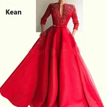 Красное мусульманское вечернее платье, v-образный вырез, три четверти, карман из бисера, халат, исламский Дубай, кафтан, саудовская Арабская, вечернее платье, платье для выпускного вечера