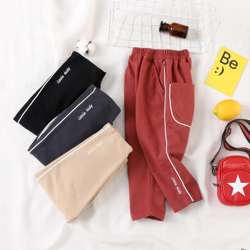 

2019 Spring New Style Children CHILDREN'S Pants Men And Women Children Pocket Covered Edge Elasticity Casual Straight-leg Pants