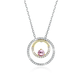 

Hemiston Thomas 925 Sterling Silver Double Round Pink Zircon Pendant Women Necklace, Bijoux Jewelry for Women