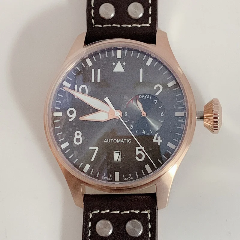 

46mm Watch Men Military Pilot Water Resistant Automatic Movement Wristwatch power reserve AAA