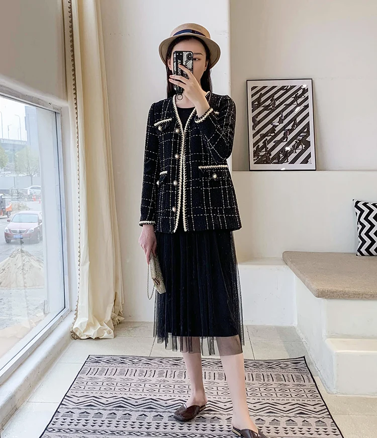 New  Autumn Winter Tweed Coat 2019 Fashion Women's Small Fragrance Long Sleeve Wool Coat Vintage Cardiga