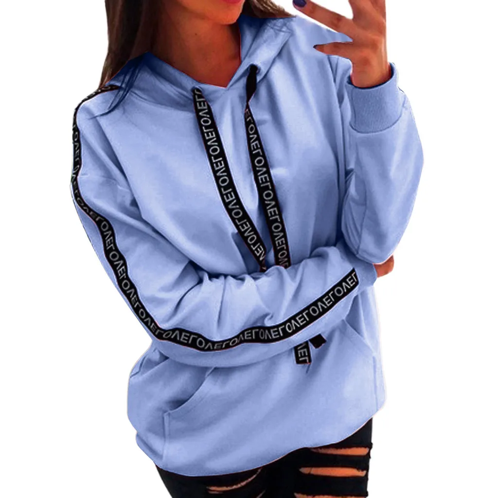 5# женская одежда большого размера с длинными рукавами Одноцветный полосатый длинный рукав модная дикая осенняя и зимняя спортивная рубашка пуловер с капюшоном