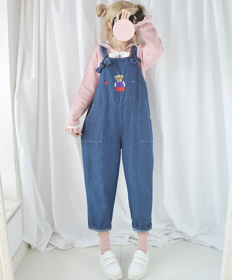 Love Bear Embroidery Big Pockets Women's Jeans Jumpsuits Rompers Casual Pants Trousers Playsuits 2 Colors |