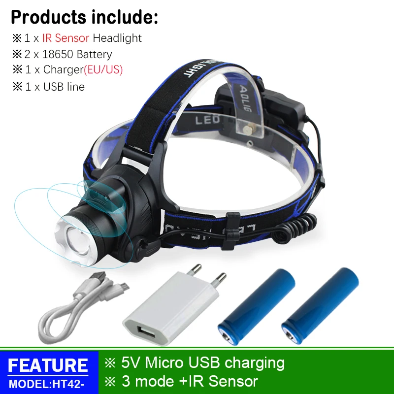 headlamp B Usb Рыбалка перезаряжаемые ИК Сенсор фары led головной светильник 18650 xml t6 l2 фара головки вспышки света светильник Головной фонарь для охоты, светильник - Испускаемый цвет: headlamp B