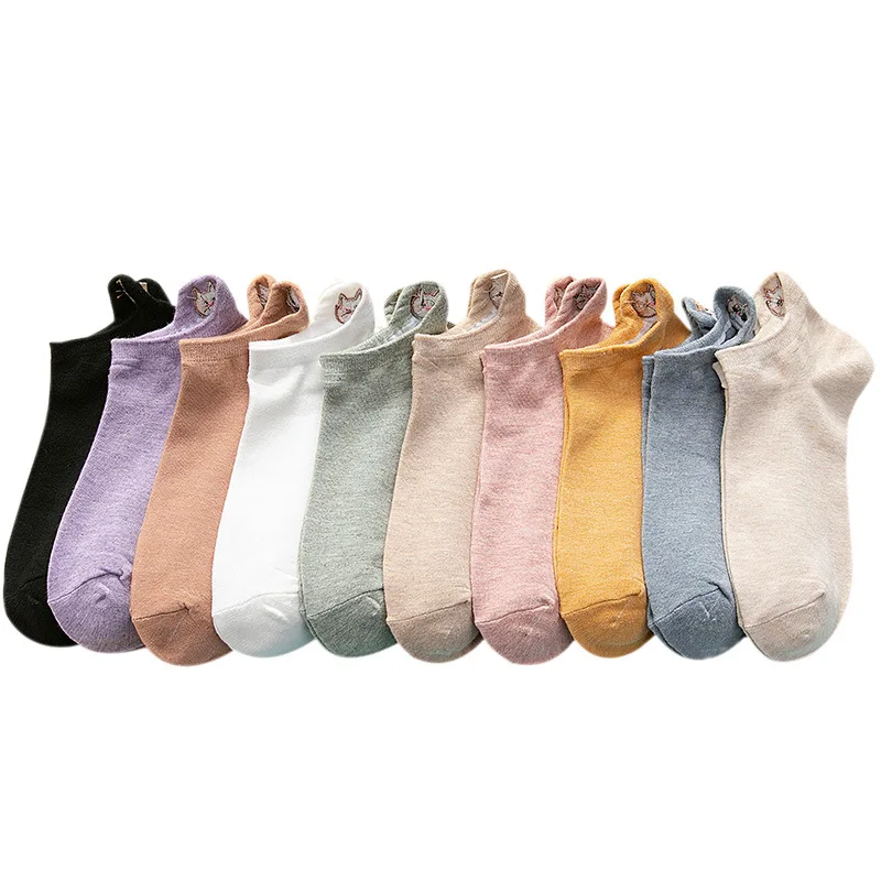 10 Pairs Cute Cat Socks Woman Pack Pure Cotton Animal Embroidery Ankle Cartoon Funny Kawaii Soft Girl Designer Sokken Set Mujer